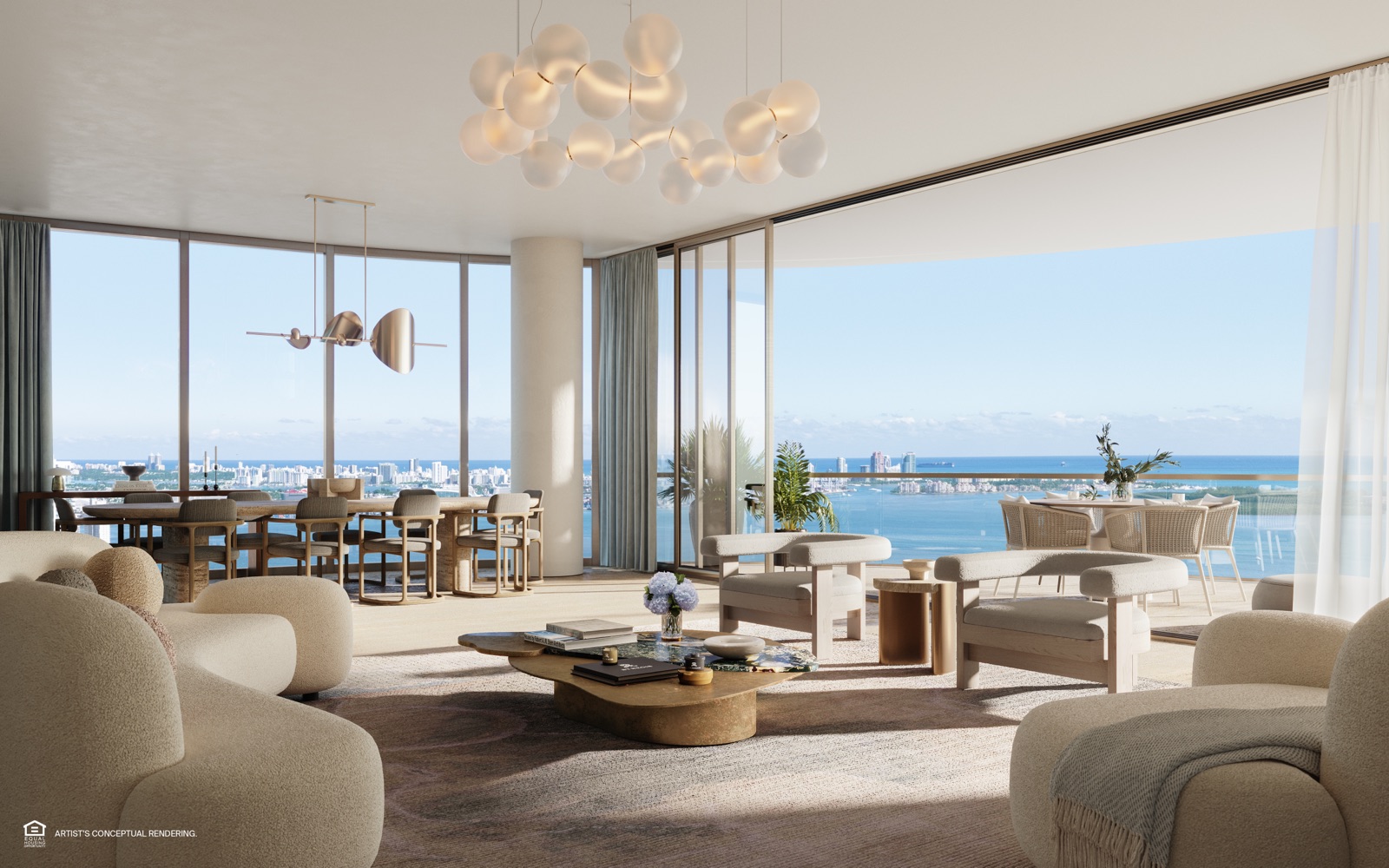 Great room with floor-to-ceiling glass and Biscayne Bay views.
