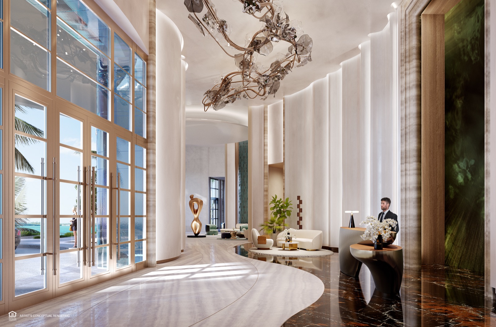 Private residential lobby attended 24/7.