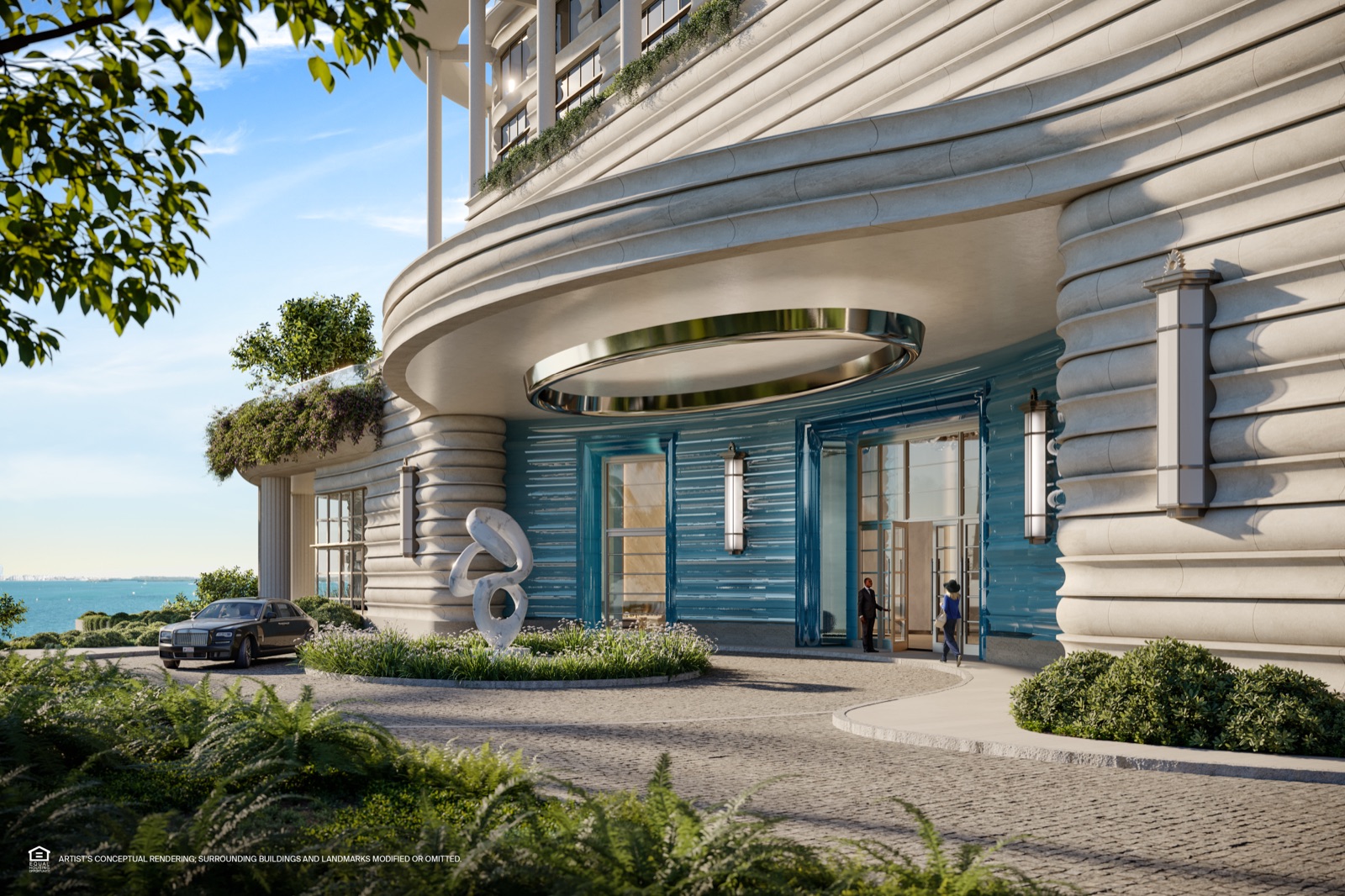 Porte-cochère with commissioned art installation and signature water feature.
